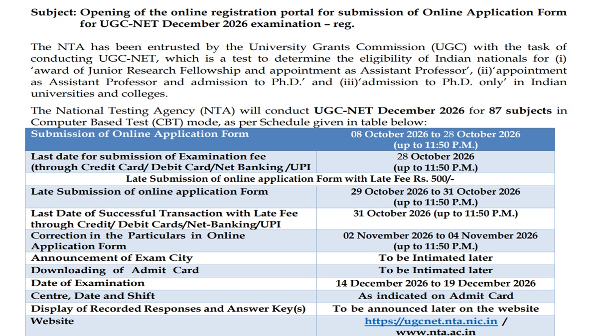 UGC NET December 2026 Registration Begins: Check Application Update
